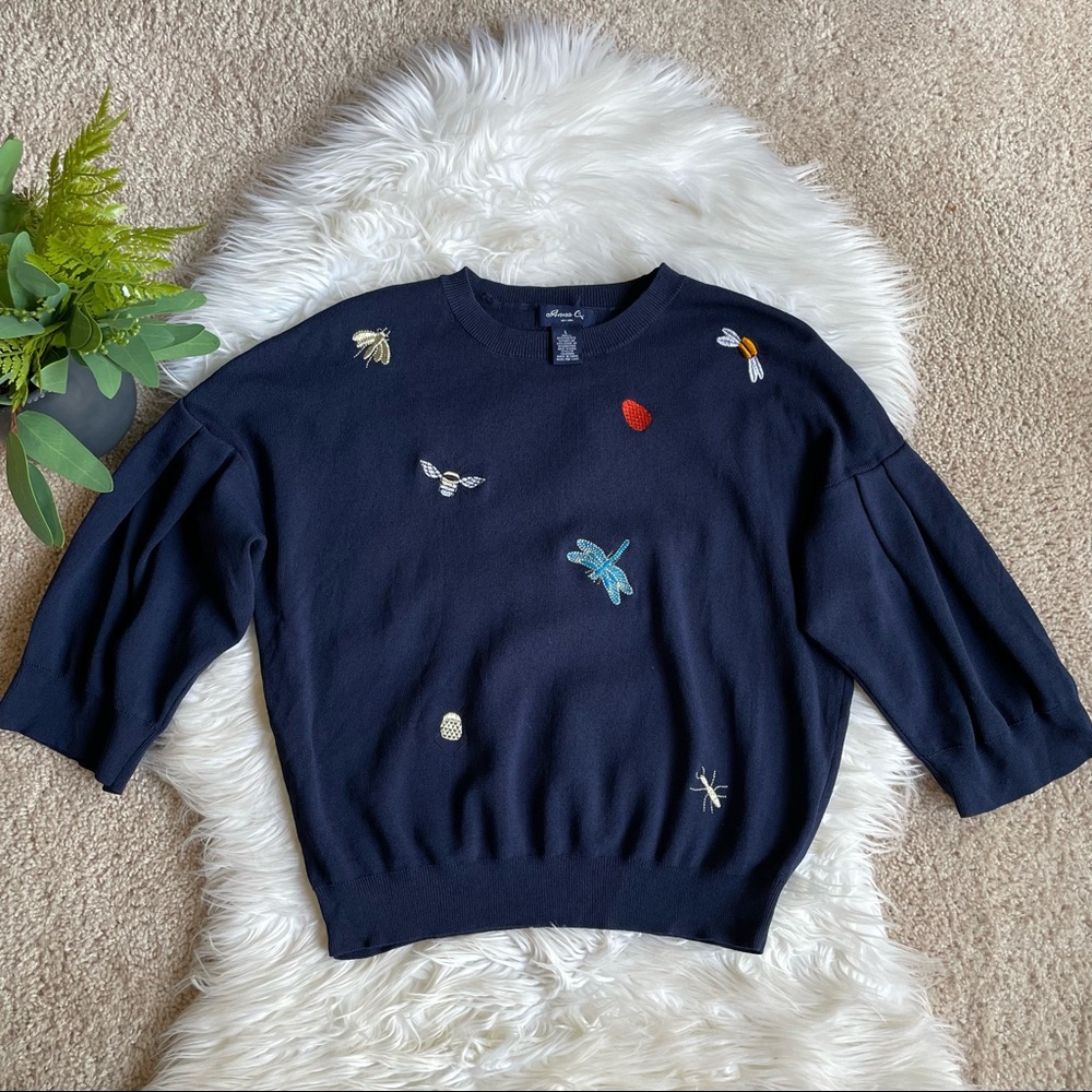 Anna Cai Blue Embroidered Knit Sweater